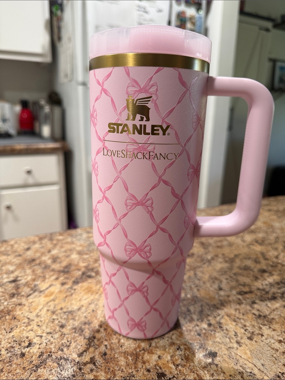 Stanley Pink LoveShackFancy Patterned Insulated Mug with Gold Accent